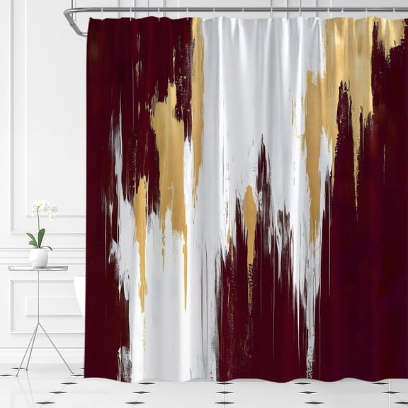 Burgundy Red and Gold Shower Curtain Burgundy White Abstract Art Brush Strokes Oil Painting Graffiti Modern Aesthetic Fabric Bathroom Curtain Set with Hooks-72"W x 72"L (Pack of 1)