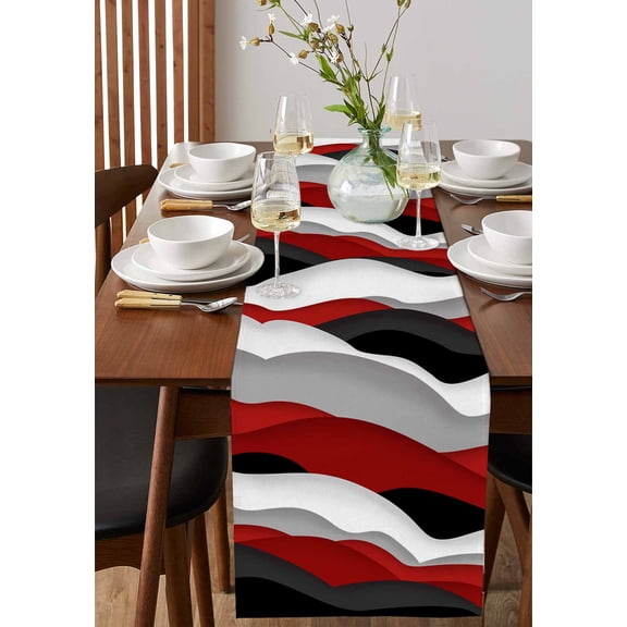 Burgundy Red Gradient Ripple Table Runner 13x36in Non-Slip Cotton Linen Table Runners, Abstract Geometric Dresser Scarves TableRunner for Dinner Kitchen Dining Wedding Party