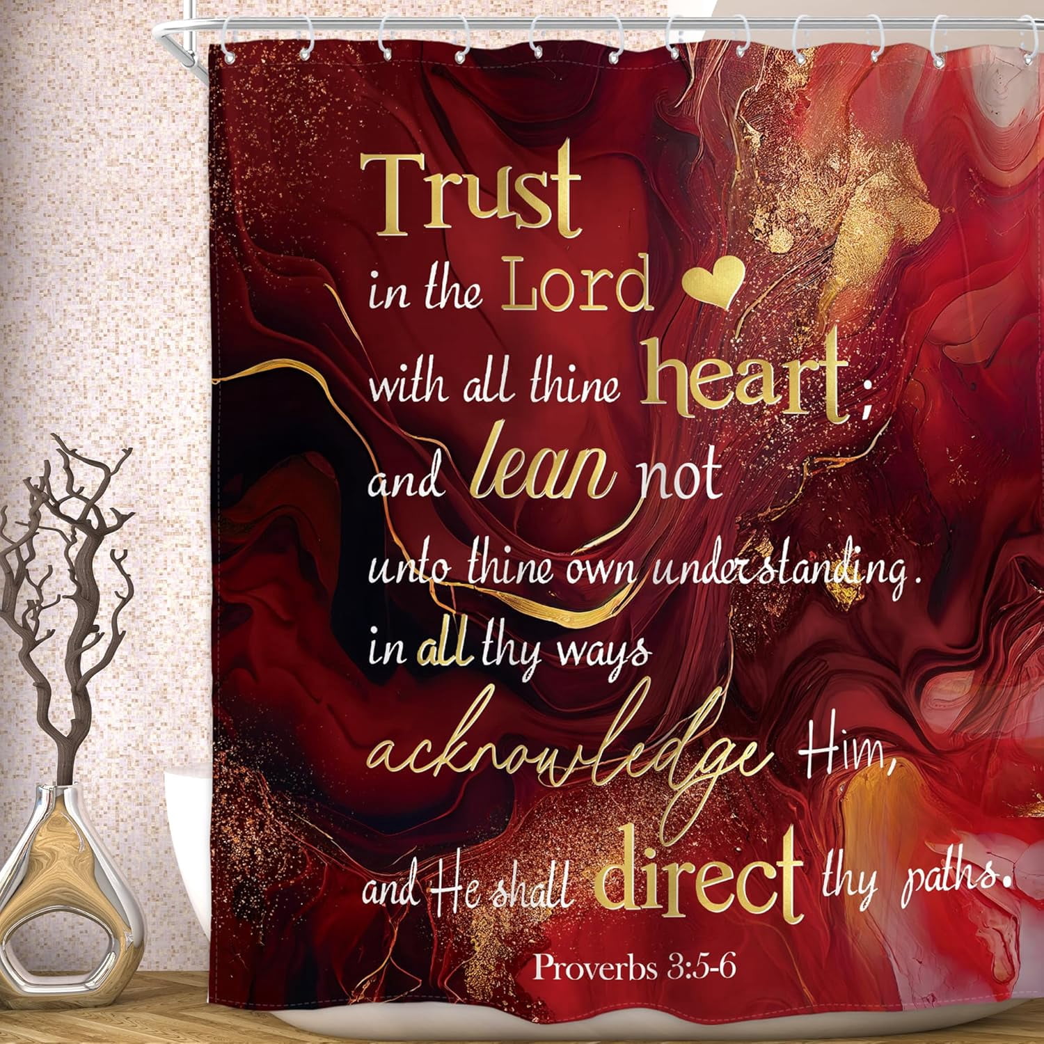 Burgundy Red Marble Bible Verse Shower Curtain Scripture Inspirational Quotes Abstract Modern Ombre Luxury Golden Cracked Lines Waterproof Polyester Fabric Bathroom Bathtub
