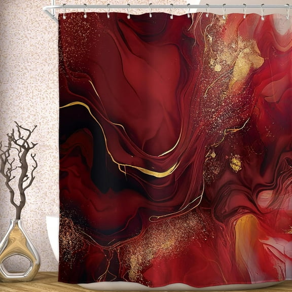Burgundy Red Marble Shower Curtain Abstract Modern Ombre Luxury Vintage Golden Cracked Lines Veins Texture Elegant Inch Aesthetic Waterproof Polyester Bathroom Bathtub 36"W x 72"L (Pack of 1)