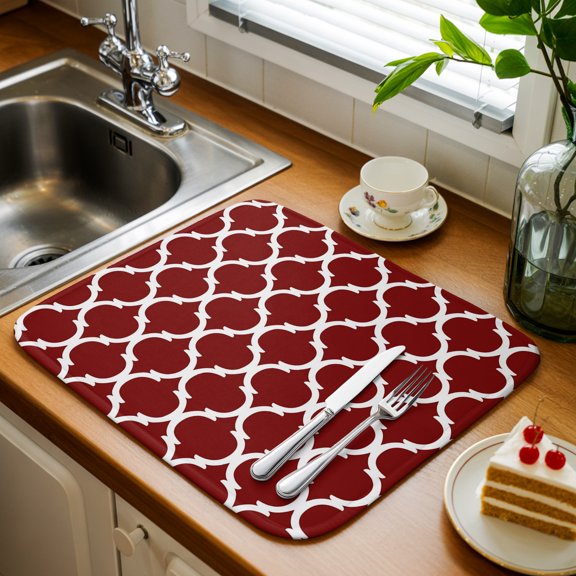 Burgundy Red Moroccan Stripe 1 Pack Dish Drying Mat,Absorbent Drying Pad Abstract Geometric Buffalo Plaid Microfiber Kitchen Countertop Protector Mats Dish Drainer Rack Mat for Cups Glassware,16x18in