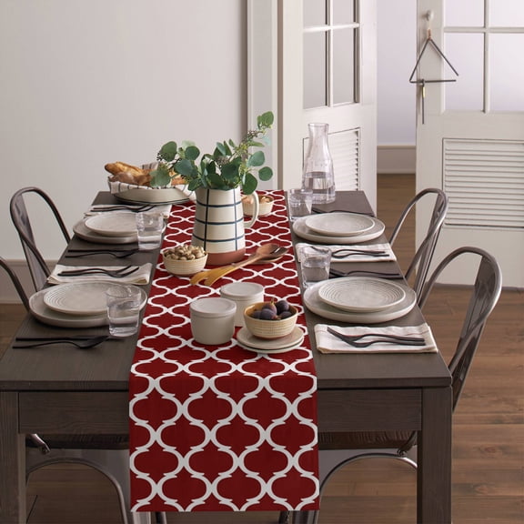 Burgundy Red Moroccan Stripe Table Runner 13x36in Non-Slip Cotton Linen Table Runners, Abstract Geometric Buffalo Plaid Dresser Scarves TableRunner for Dinner Kitchen Dining Wedding Party