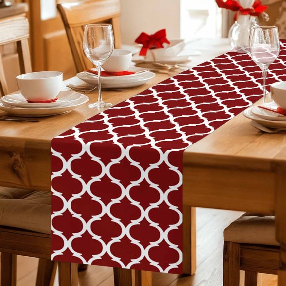 Burgundy Red Moroccan Stripe Table Runner 36 Inches Long,Kitchen Dining Tablerunners Abstract Geometric Buffalo Plaid Linen Table Runners Dresser Scarves for Home Dinner Wedding Holiday Party Decor