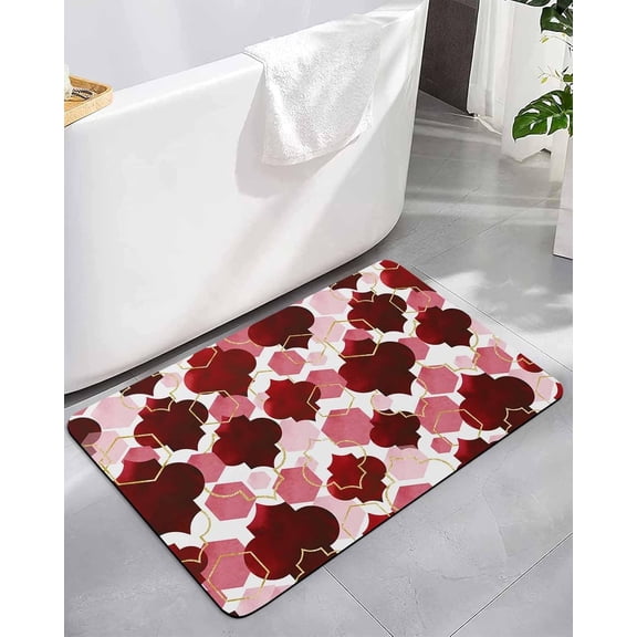 Burgundy Red Moroccan Texture Bathroom Rug Diatomaceous Earth Bath Mat,Absorbent Shower Mat Non-Slip Doormat for Kitchen Bedroom, Retro Geometric Pattern Diatomite Stone Mats 16x24in