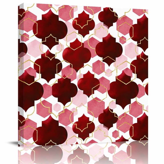 Burgundy Red Moroccan Texture Canvas Artwork Painting Art, Retro Geometric Pattern Square Framed Wall Decorations Prints Picture for Bedroom Kitchen Living Room, 8x8 in
