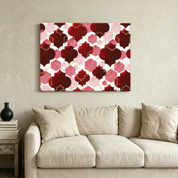 Burgundy Red Moroccan Texture Framed Canvas Wall Art,Canvas Pictures Painting Prints Retro Geometric Pattern Wall Artwork for Home Office Living Room Bedroom Decor,36"x24"