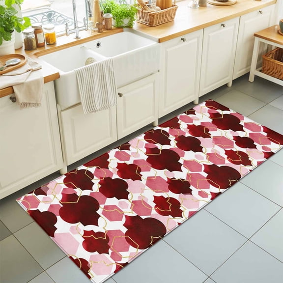 Burgundy Red Moroccan Texture Rectangle Area Rug 2x6ft,Living Room Rug Non-Slip Washable Circle Rugs Pad,Retro Geometric Pattern Soft Floor Carpet for Bedroom Dining Room