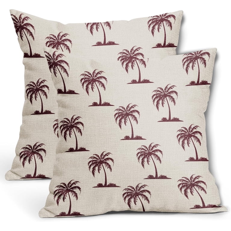 Tropical Vintage Pillow Covers – Set Of 2 Red Hibiscus & Palm Leaf 18x18" Decorative Throw Covers For Sofa