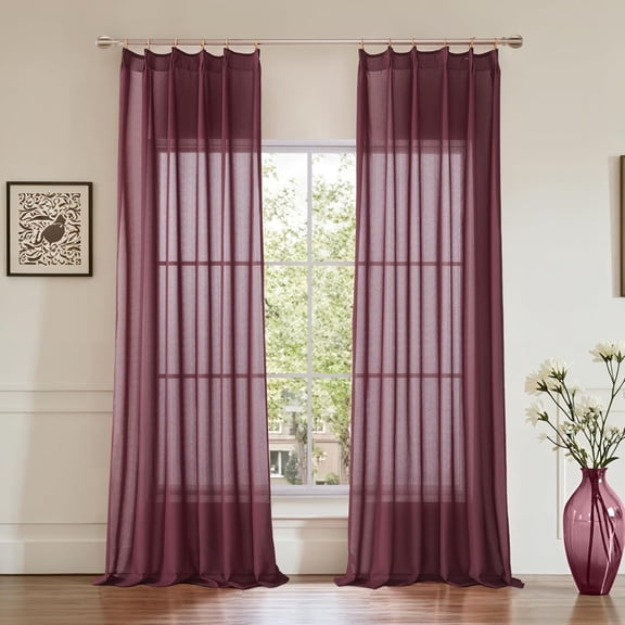 Burgundy Red Pinch Pleat Sheer Curtains 120 Inches Long, Extra Long Textured Voile Pleated Drapes with Hooks for Living Room Cottage, 2 Panels, 42"W x 120"L
