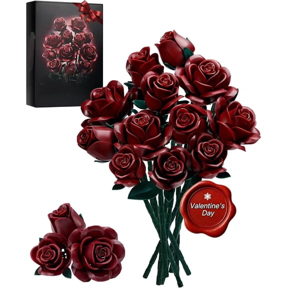 Burgundy Red Rose Bouquet Building Set, Artificial Flowers Botanical Collection Kit for Adults Women, Gift for Christmas and Valentines Day - Gothic Home Office Table Centerpiece Decor - IA11016