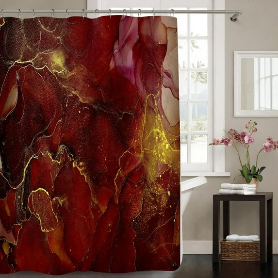 Burgundy Red Shower Curtain, Abstract Marble Fabric Shower Curtain for Bathroom, Modern Ombre Watercolor Ink Art Shower Curtain Set with Hooks, 72 x 72
