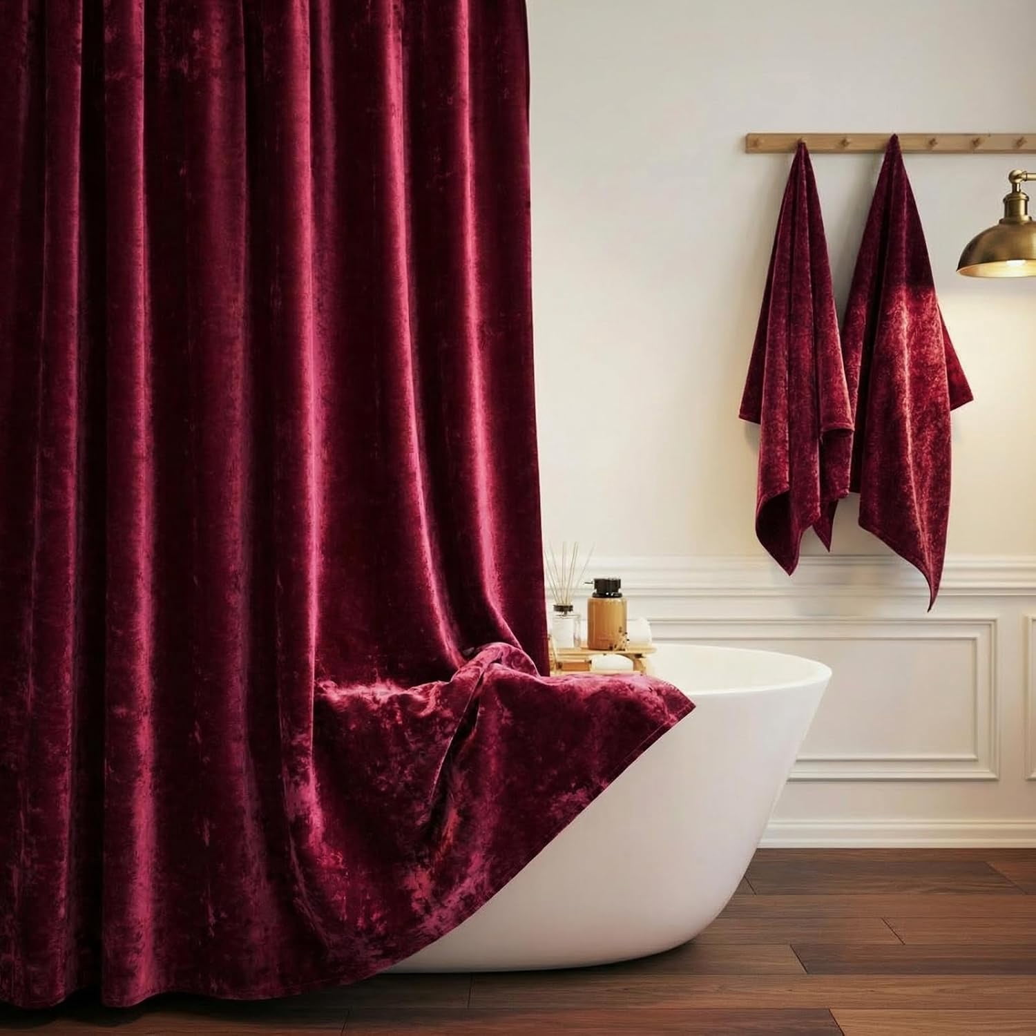 Burgundy Red Shower Curtain for Bathroom, Luxury Crushed Velvet Shower Curtain Red, Dark Shower Curtain Set with Gold Decro Metal Hooks, Machine Washable Thick Fabric, Burgundy, 72 x 72 inches