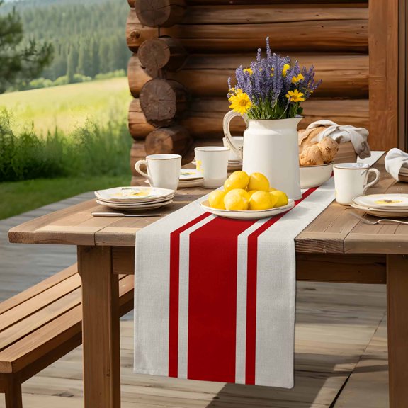 Burgundy Red Stripe Table Runner 13x90in Non-Slip Cotton Linen Table Runners, Retro Linen Dresser Scarves TableRunner for Dinner Kitchen Dining Wedding Party