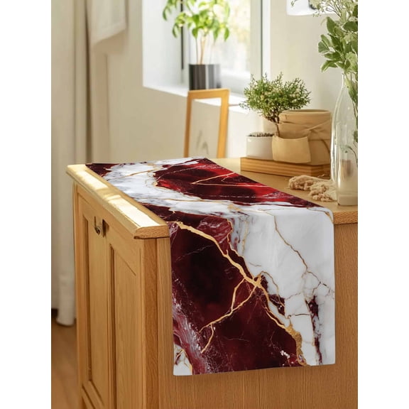 Burgundy Red White Marble Table Runner 13x90in Non-Slip Cotton Linen Table Runners, Modern Abstract Stone Crack Texture Dresser Scarves TableRunner for Dinner Kitchen Dining Wedding Party
