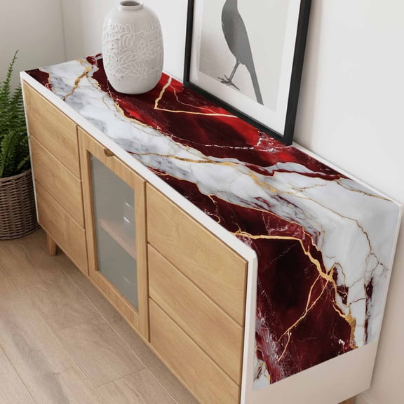 Burgundy Red White Marble Table Runner 70 Inches Long,Kitchen Dining Tablerunners Modern Abstract Stone Crack Texture Linen Table Runners Dresser Scarves for Home Dinner Wedding Holiday Party Decor