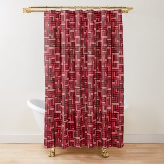 Burgundy Red and Pink Basket-Weave Geometric Shower Curtain, 100% Polyester, Interlocking Rectangle Pattern