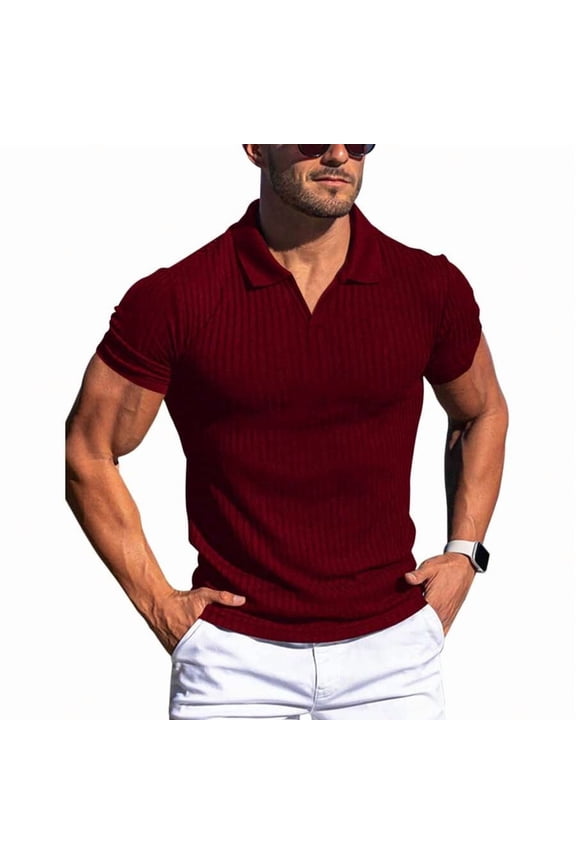 Burgundy Ribbed Knit Collared V-Neck Short Sleeve Polo Shirt For Men