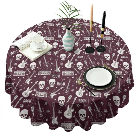 Burgundy Rock Skull Pattern Round Tablecloth 60"x60",Wrinkle Wipeable Table Cloth for Kitchen Dining Room Picnic Patio Party