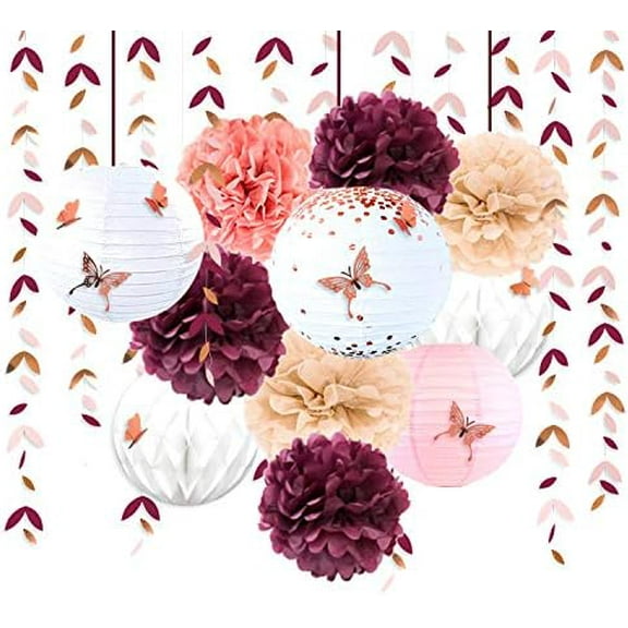 Burgundy Rose gold Pink Party Decorations Lanterns Flowers Pom Pom with 3D Butterfly Stickers and Leaf Garland Streamers for Birthday Engagement Wedding Bridal Shower Bachelorette Fall Autumn Party