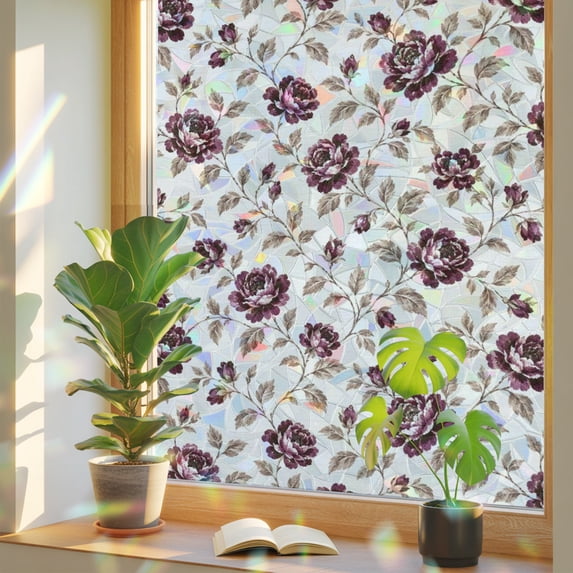 Burgundy Roses Window Privacy Film, Rustic Country Brown Floral Leaf ...