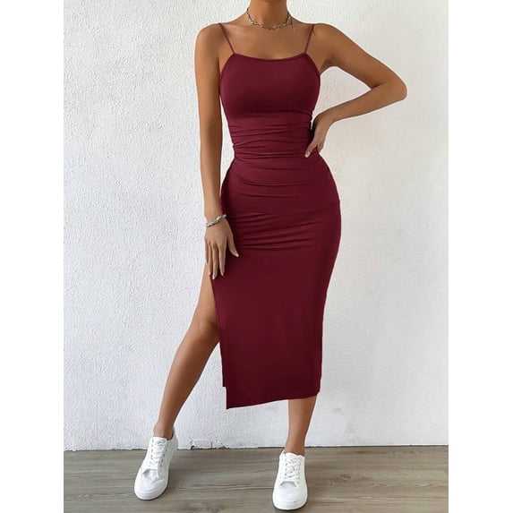 Burgundy Ruched Twist Backless Split Thigh Cami Midi Dress