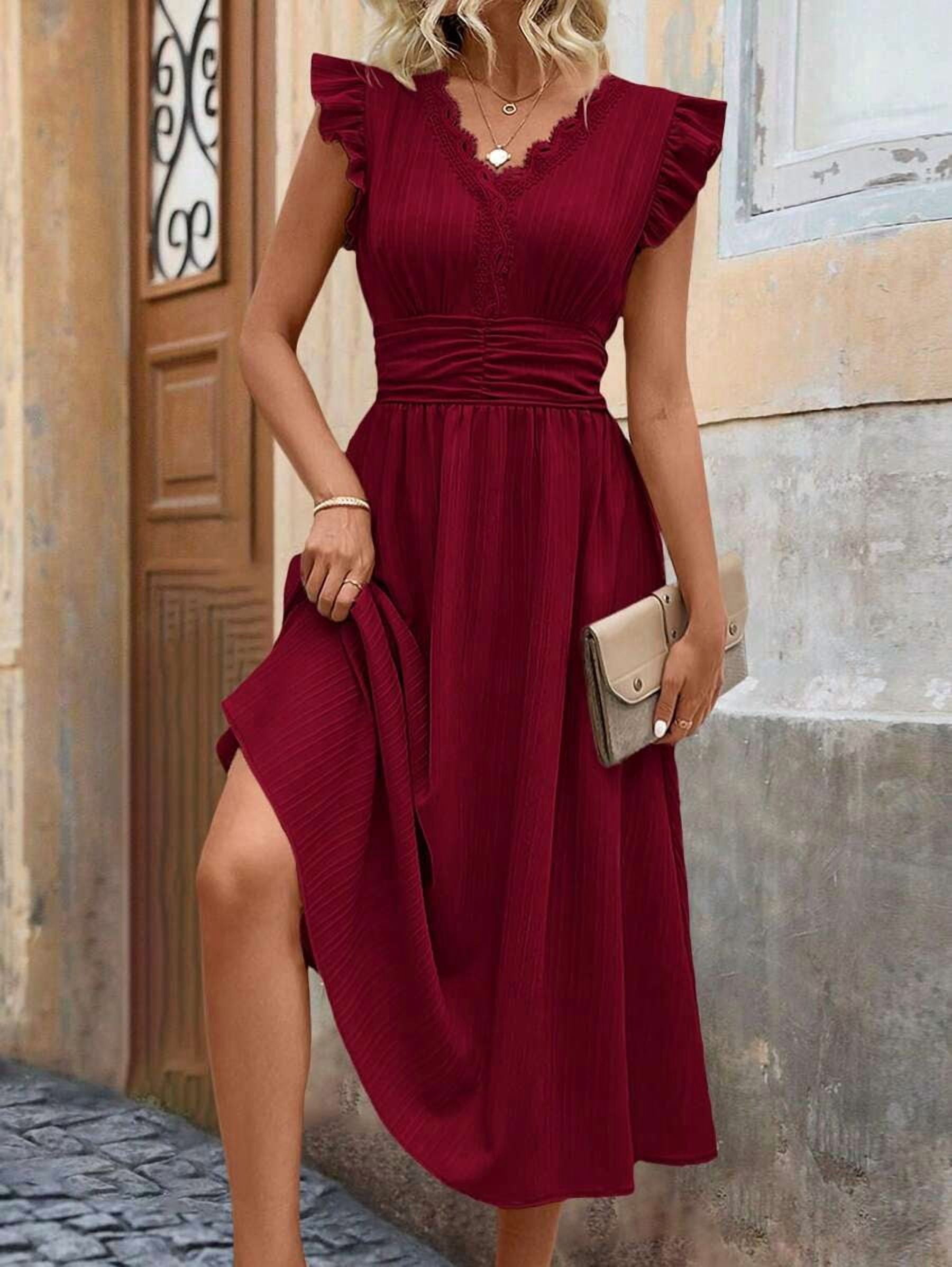 burgundy ruffle midi dress Berry Ruffle Tiered Midi Dress for Women EverMore