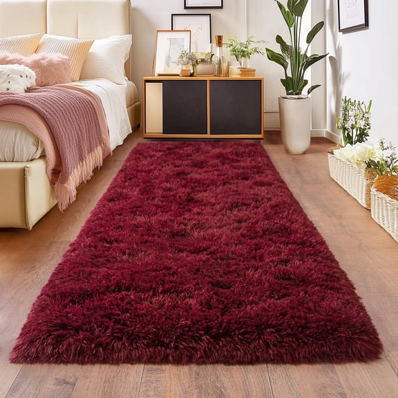 Burgundy Runner Rug For Hallway Bedroom Bedside Plush Rugs Non Slip Fluffy Shaggy Carpet Home Decor Dorm 2x6 Ft