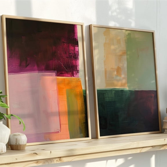 Burgundy Sage Orange Color Block Geometric Layered Diptych Wall Art Set 2 Unframed Paper Print 8x12