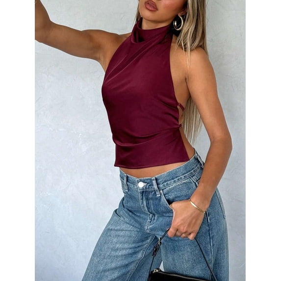 Burgundy Satin Halter Crop Top Women Sleeveless Open Back Slim Fit Summer Party Streetwear Top