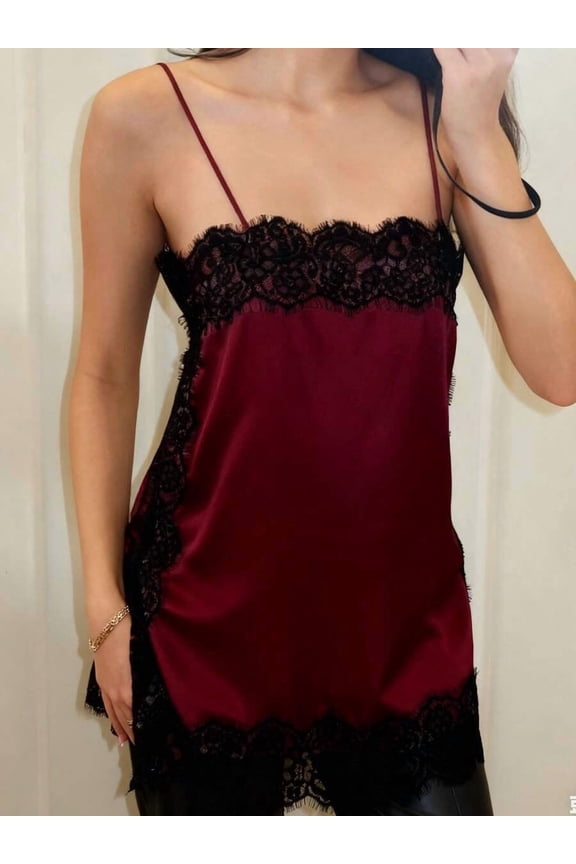Burgundy Satin Lace Trim Camisole Top Spaghetti Strap Square Neck Slip Blouse