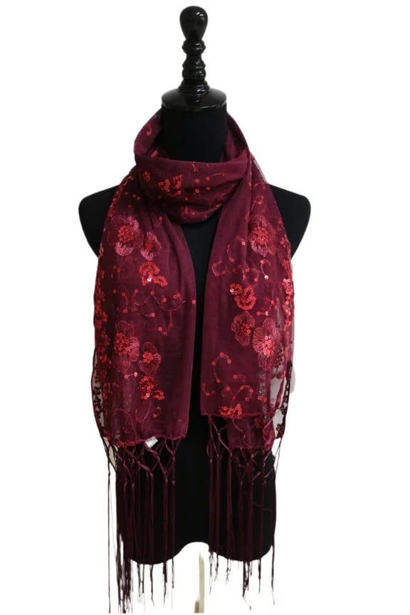 Burgundy Sequin Glitter Beaded Shawl mass Scarf Wrap Veil Forma Party Prom festival rave