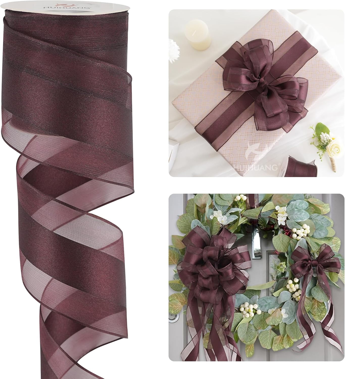 Burgundy Sheer Christmas Ribbon with Satin Stripe 2.5 inch Burgundy Wired Ribbon for Bows Making, Wreaths, Garland, Gift Wrapping, Wedding Bridal Shower Decorations-Continous 10 Yards