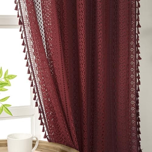 Burgundy Sheer Curtains 84 Inches Long 2 Panel Cotton Blend Crochet Lace Curtain Tassel Rod Pocket Semi Sheer Light Filtering Boho Curtains for Bedroom Living Room Window Drapes Maroon Red