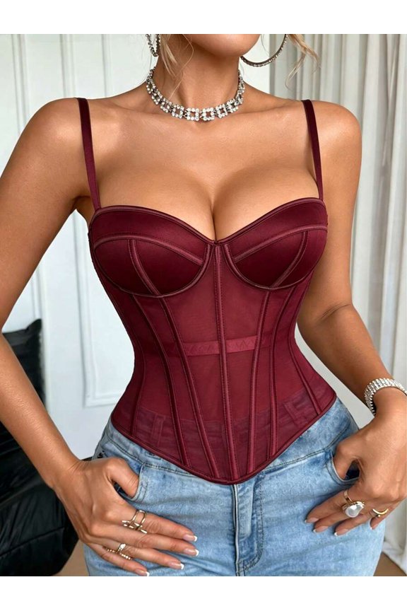 Burgundy Sheer Mesh Fishbone Corset Bustier With Spaghetti Straps