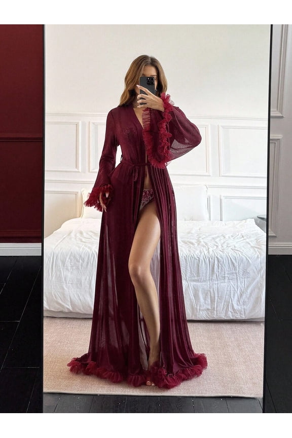 Burgundy Sheer Mesh Lace Robe With Ruffle Trim - Full Length Boudoir Style Sleepwear For Evening Or Lounging