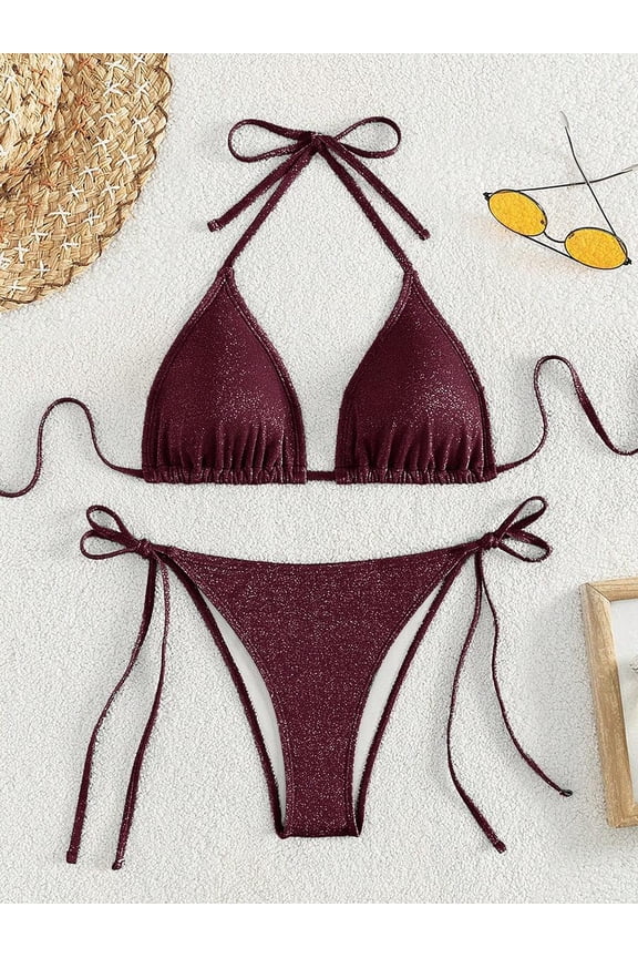 Burgundy Shiny Halter Tie-Front Two-Piece Bikini Set For Women