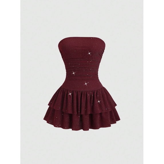 Burgundy Shiny Strapless Cinched Waist Tiered Ruffle Mini Dress For Elegant Casual Summer Wear