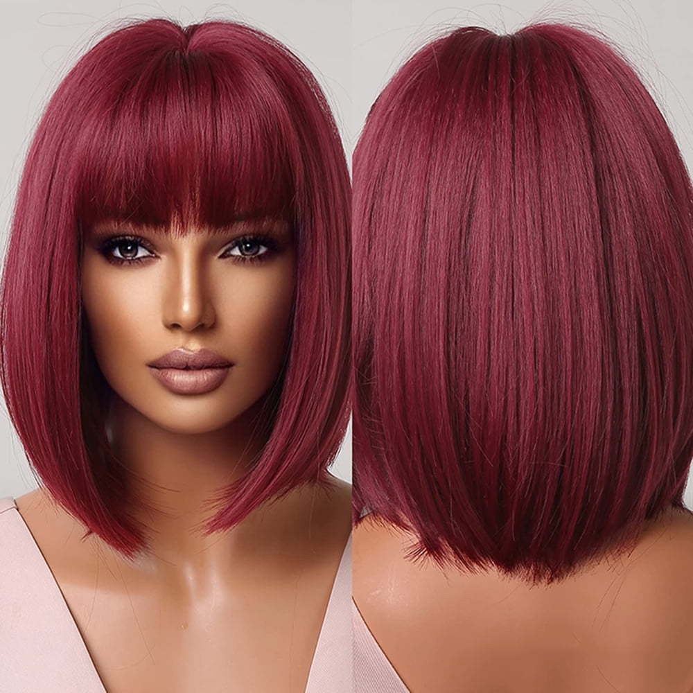 Burgundy Short Bob Wigs For Women Wine Red Wigs with Bangs Synthetic Hair Cosplay Wig