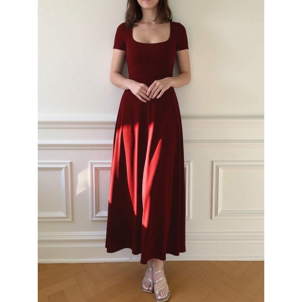 burgundy midi dress casual Short Sleeve Square Neck For Women, Slim Fit A-Line Elegant Dress 100% Cotton Lined Hand Modern Bridal Party Dress Asymmetrical Draped Stretch Satin Color:OLIVE GREEN