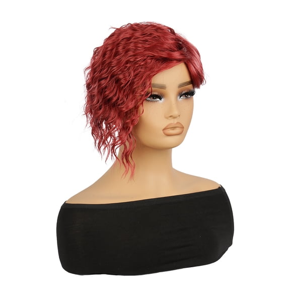 Burgundy Short Wavy Perm Hair Wig for Women - Chic Side-Swept Bangs Full Head Coverage