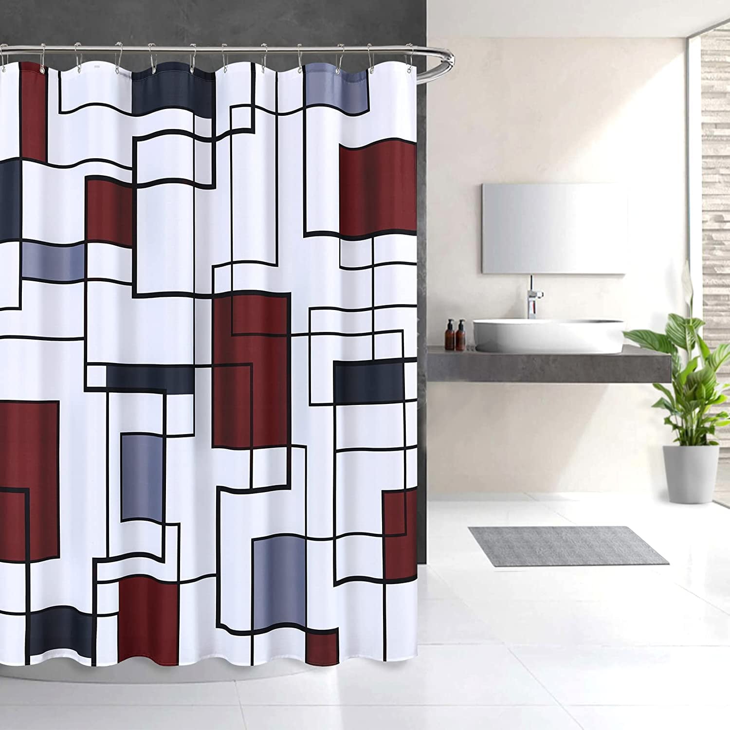 Weesire Red & Grey Abstract Striped Shower Curtain Set – Waterproof, 72 X 72 Inches With 12 Hooks