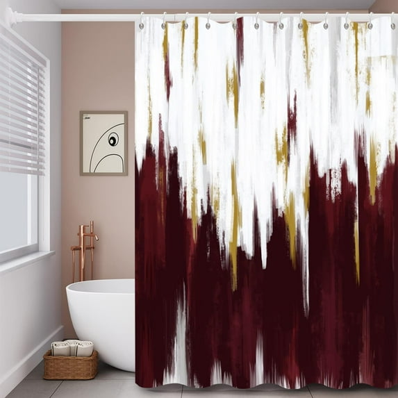 Burgundy Shower Curtain, Burgundy White Gold Brush Strokes Graffiti Oil Painting Modern Art Abstract Bathroom Curtain Waterproof Fabric Machine Washable with Hooks, 72" Wx84 L