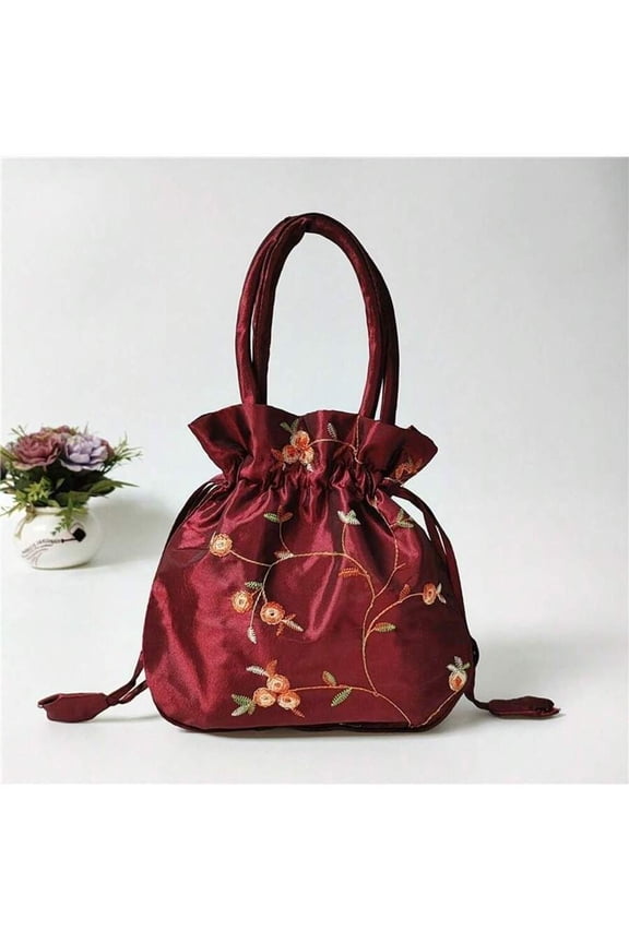 Burgundy Silk Embroidered Drawstring Handbag With Floral Motif
