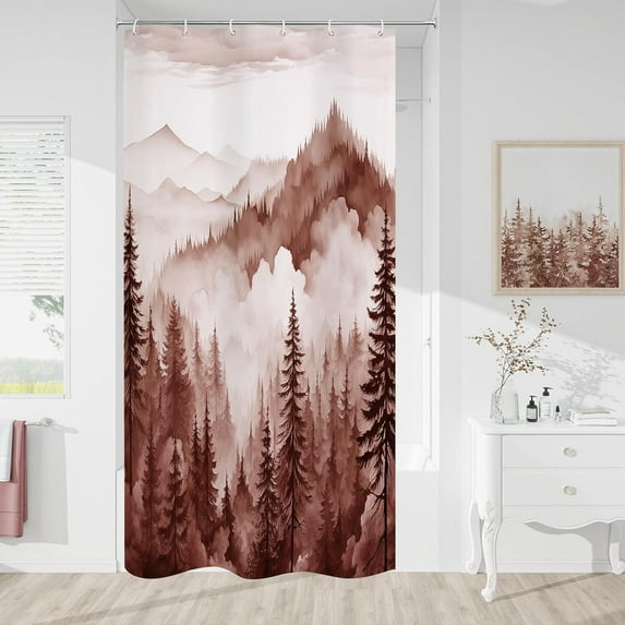 Burgundy Small Stall Misty Pine Forest Shower Curtain 36 x 72, Mountain Foggy Woodland Scenery Tree Narrow Half Size Shower Curtains for Bathroom, Abstract Waterproof Nature-Themed Decor
