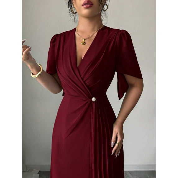 Burgundy Solid Chiffon Wrap Dress With V-Neck, Puffed Sleeves, Cinched Waist And Pearl Button Detail