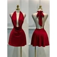 thumbnail image 1 of Burgundy Solid Plunging Cowl Neck Halter Tie-Back Mini Dress Summer Elegant, 1 of 4