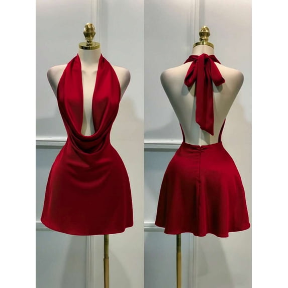 Burgundy Solid Plunging Cowl Neck Halter Tie-Back Mini Dress Summer Elegant