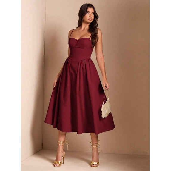 Burgundy Spaghetti Strap Fit & Flare Midi Dress For Elegant Evening, Party, Or Sophisticated Daywear