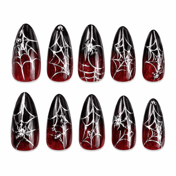 Burgundy Spider Web Press on Nails, Medium Almond Glossy Glitter False Nails, 24 Count
