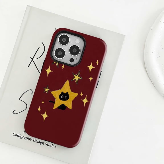 Burgundy Star Black Cat Tough Phone Case, Celestial Cute Cat Protective Cover Compatible with iPhone 14 Pro Max